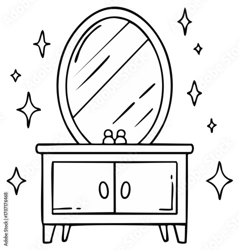 Drawn oval mirror above dresser, decorative sparkles elements design.