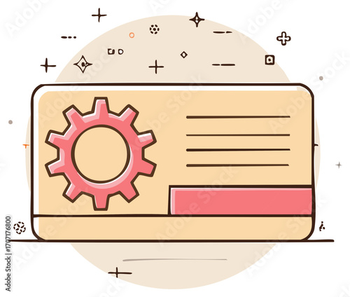 Doodle style interface card with gear icon and text lines for settings and data management