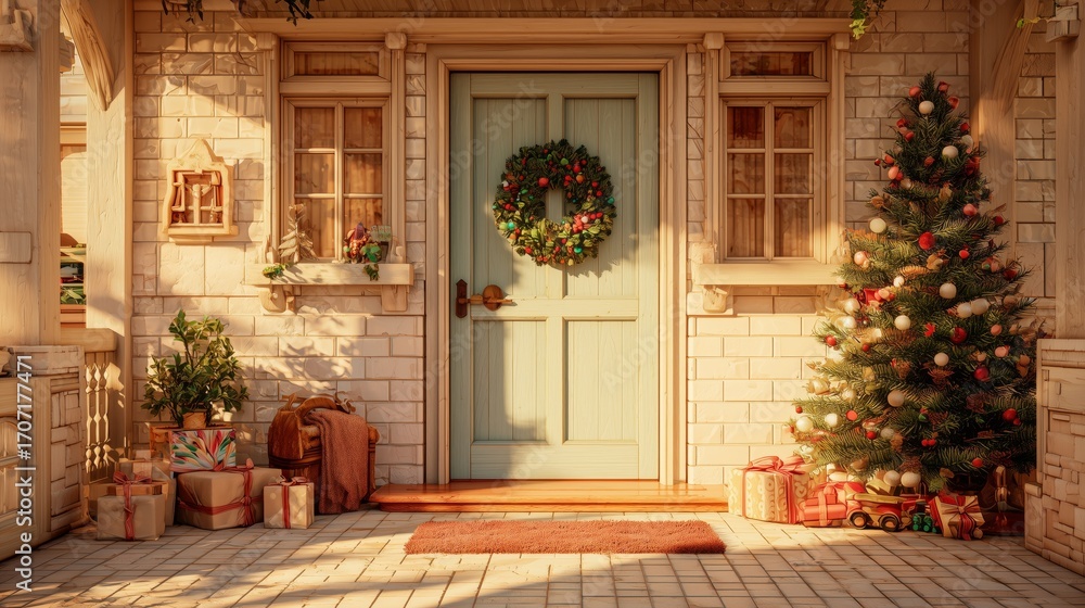Fototapeta premium A Christmas background. The house door is decorated with Christmas ornaments. There is a Christmas tree and gifts. Christmas Eve 