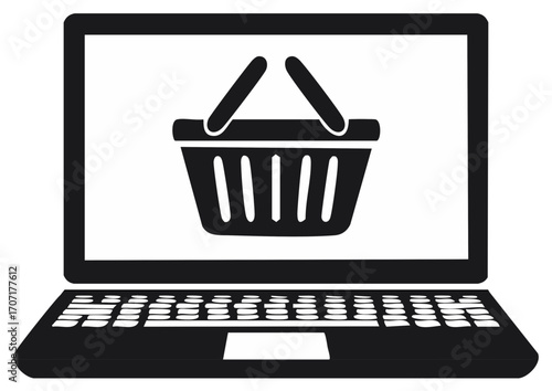 Black and white illustration of a laptop displaying a shopping basket icon representing online shopping