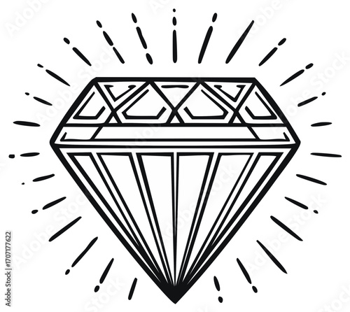 Hand drawn black and white diamond shining with bright light rays