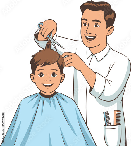 Friendly barber giving a boy a stylish haircut with scissors and comb