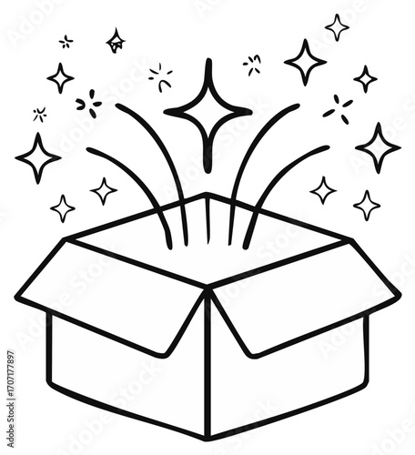 Open box with exploding sparkles and stars.