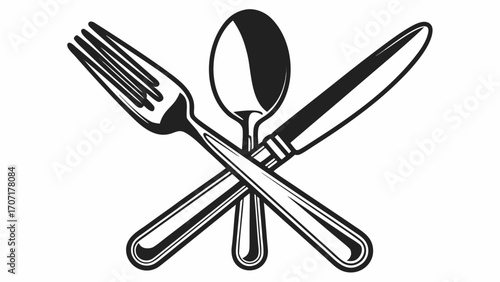 Illustration of crossed fork spoon and knife in black and white for restaurant design elements created with generated ai 