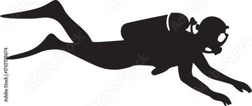 Scuba diver silhouette vector illustration of underwater explorer with tank and fins for ocean adventure.