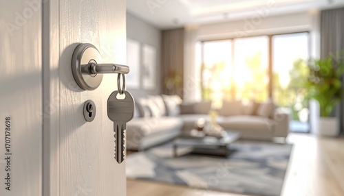 Bright, sunlit living room seen through a slightly opened door with keys hanging from the handle
