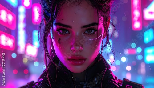 Close-up cyberpunk woman, vibrant neon city