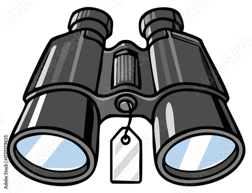 Cartoon Binoculars with Price Tag: Observation, Sale and Discount Concept