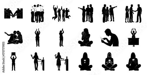 Diverse human interactions and activities people silhouettes
