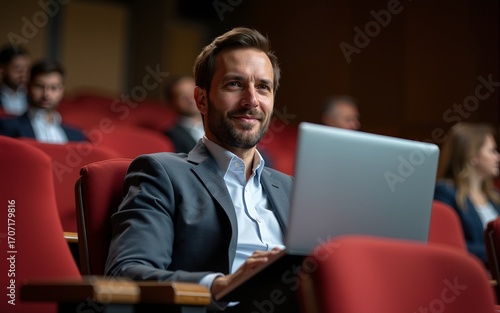 Portrait of businessman sitting in auditorium with laptop during seminar and following lecture. High quality