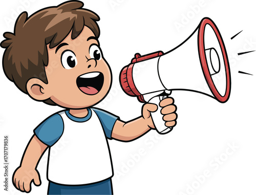 Excited young boy joyfully shouting through a megaphone announces news