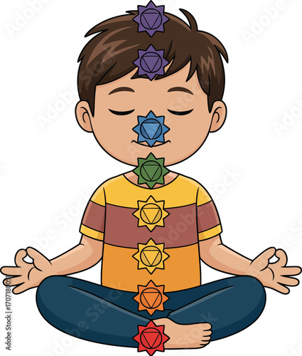 Young boy meditating with colorful chakra symbols glowing along his spine