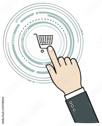 Hand Touching Shopping Cart Icon on Digital Interface for Ecommerce Transaction