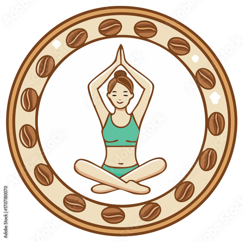 Woman meditating with hands overhead inside a circular frame of coffee beans.