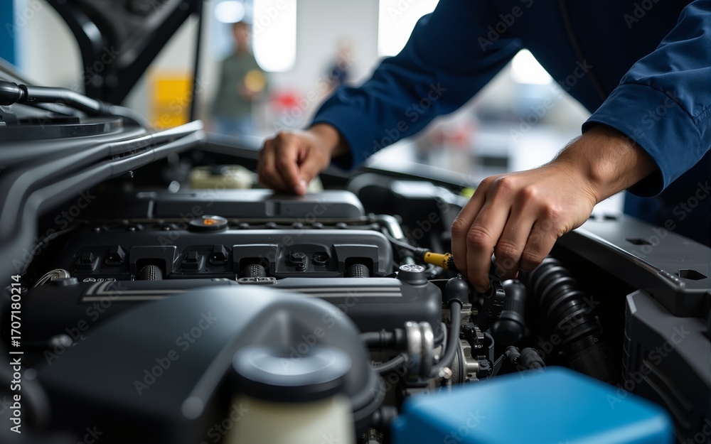 Close up or technician's hands working with car engine at auto mechanic workshop. High quality Close up or technician's hands working with car engine at auto mechanic workshop. High quality
