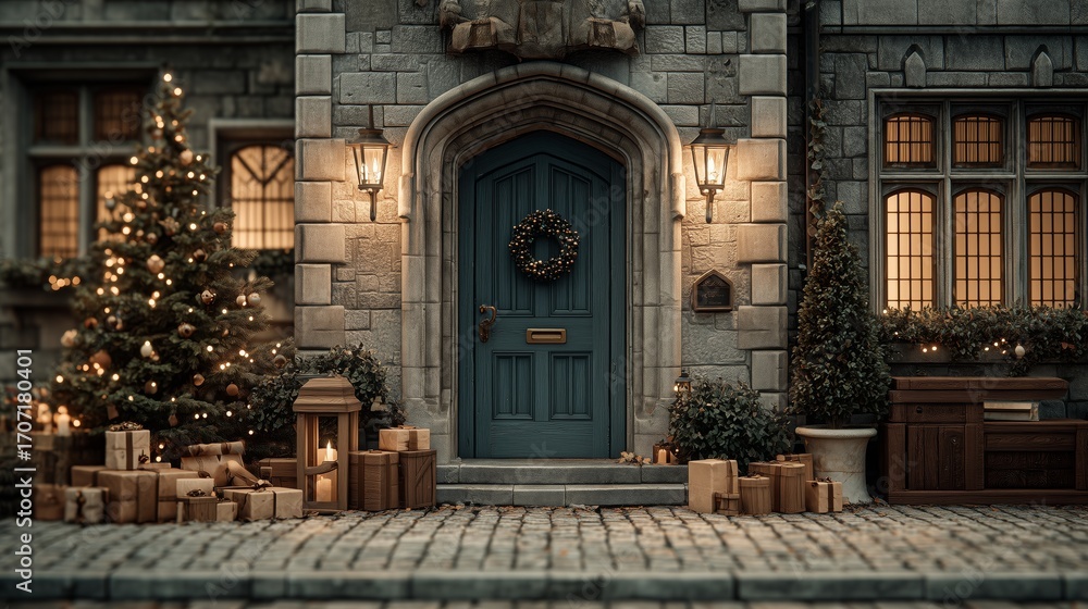 Fototapeta premium A Christmas background. The house door is decorated with Christmas ornaments. There is a Christmas tree and gifts. Christmas Eve 
