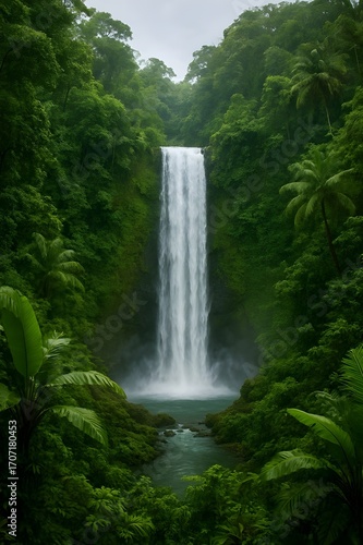 Majestic waterfall surrounded by tropical jungle