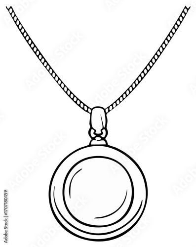 Line drawing of a round pendant necklace with a simple chain