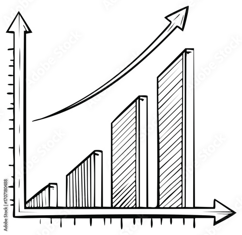 Hand drawn business growth chart illustration with increasing bar graph and arrow