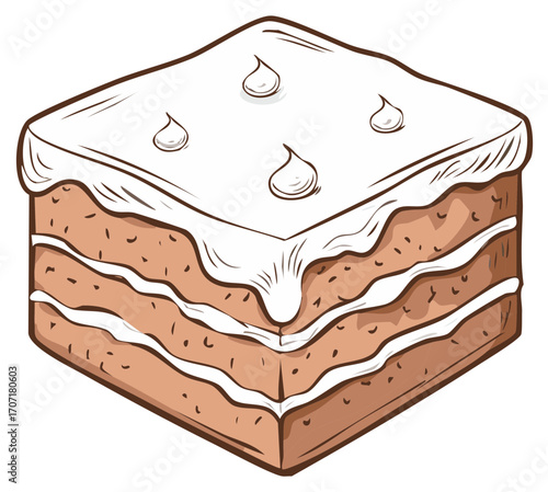 Sweet Layered Square Cake with White Cream Icing and Decorative Frosting Drops Illustration