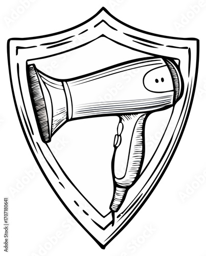 Stylized Sketch of a Hair Dryer Graphic Inside a Shield Shape with Black and White Lines