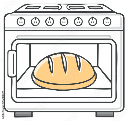 Loaf of bread baking inside an open kitchen oven illustration