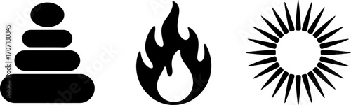 Three abstract black icons: stacking rings, flame, and sunburst