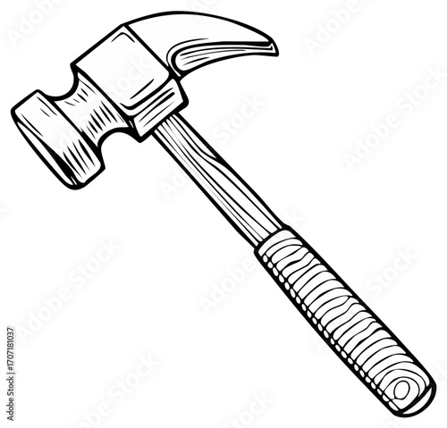 Illustration of a claw hammer with a wooden handle for nailing and pulling nails in carpentry work for woodworking tools