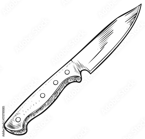 Sharp kitchen knife black and white line art design isolated on white background