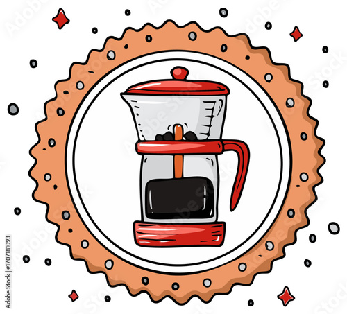 Doodle Style Moka Pot with Coffee Beans and Brewed Coffee Inside