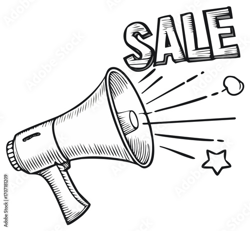 Hand drawn megaphone announcing sale with star and speech bubble illustration