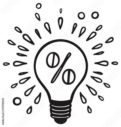 Doodle style lightbulb with percentage sign offers a spark of savings and discount ideas, generating creative innovative business plans