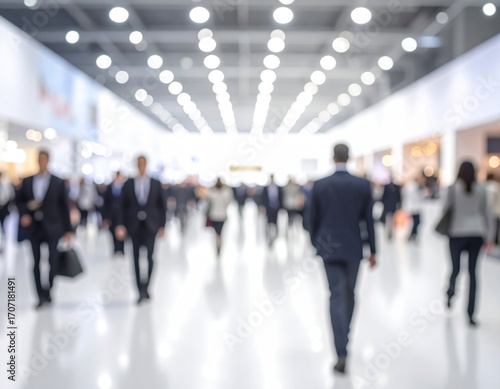 Out-of-focus shot of crowds walking on a polished floor in a bright hall lit by ceiling lights. People in business attire