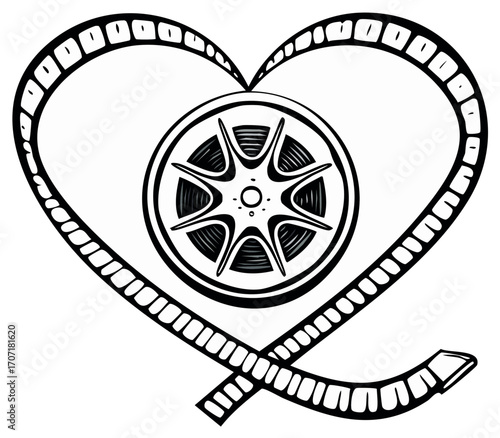 Cinematic Love Symbol Heart Made of Film Strip Around a Movie Reel Design