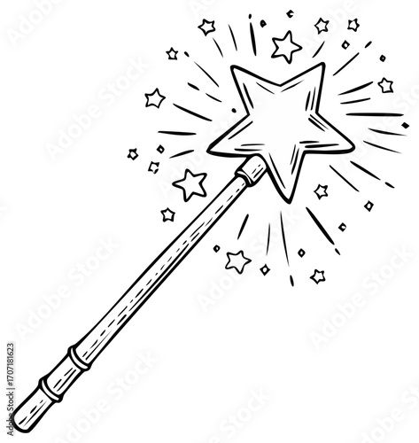 Hand Drawn Illustration of Magic Wand with Stars and Sparks