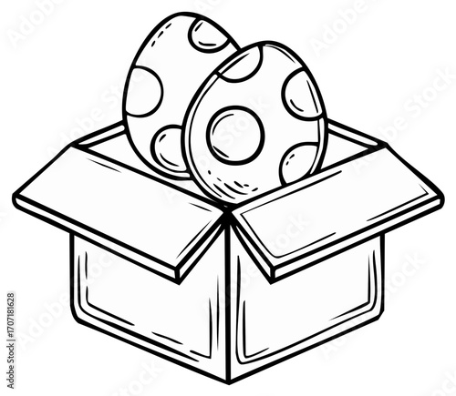 Line art illustration of two patterned eggs inside an open cardboard box
