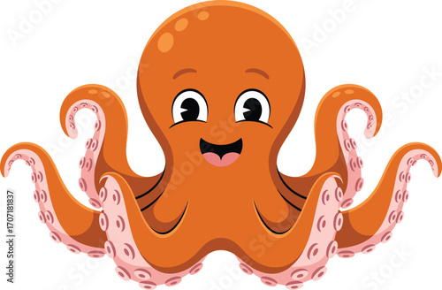 Happy orange octopus with wide smile and curious eyes, spreading its tentacles