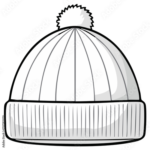 Black and white cartoon illustration of a knitted winter hat with a pom-pom
