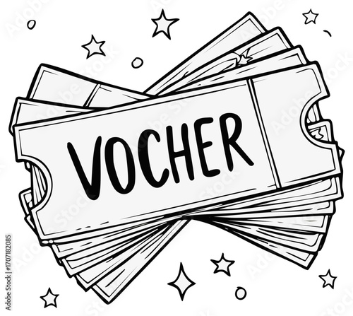 Voucher Stack of Tickets with Stars for Promotions and Special Events Outline Art