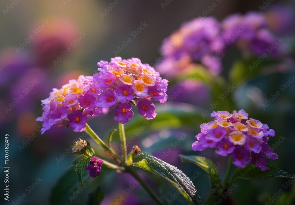 Fototapeta premium Vibrant Purple and Yellow Flowers with Dew Drops in Soft Sunlight