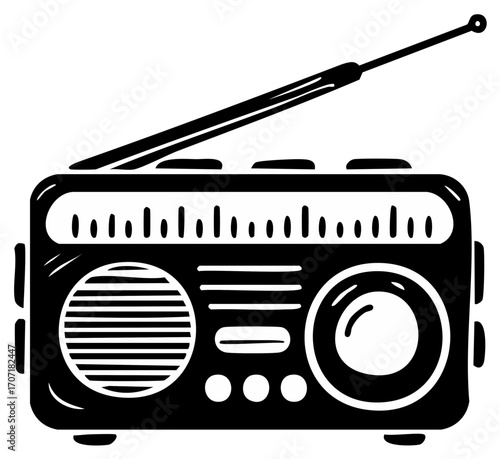 Retro portable radio receiver hand drawn illustration. Black and white vintage music player icon.