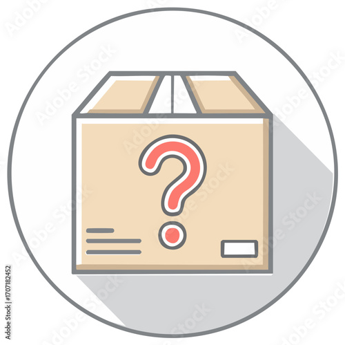 Flat design icon of a closed cardboard box with a question mark symbol on it