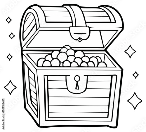 Open wooden treasure chest filled with gold coins and sparkling magic line art illustration