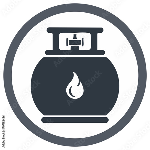 Rounded Graphic Illustration of Propane Tank Container with Flame Symbol Enclosed in Circle Frame