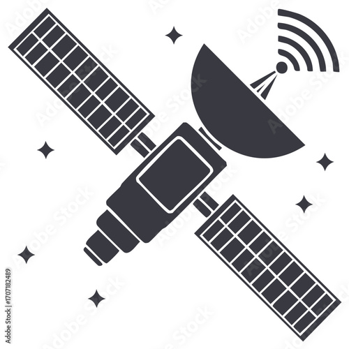 Satellite illustration with solar panels and antenna for digital communication in space.