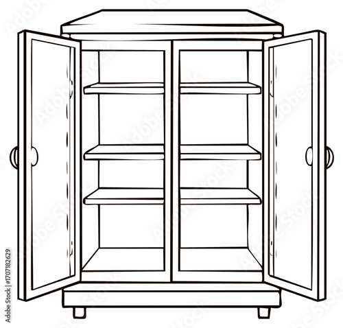 Empty storage cabinet with open doors and shelves, black and white line art illustration