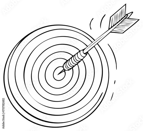 Dart hitting center of a Target Illustration, bullseye, aiming and accuracy, outline drawing, isolated, archery