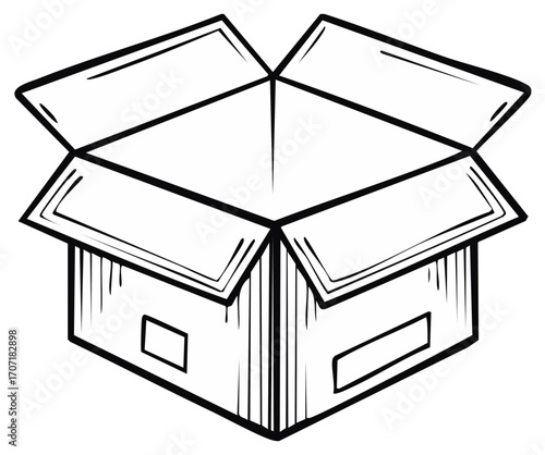Open Cardboard Box Outline Hand Drawn Sketch Isolated on White Background