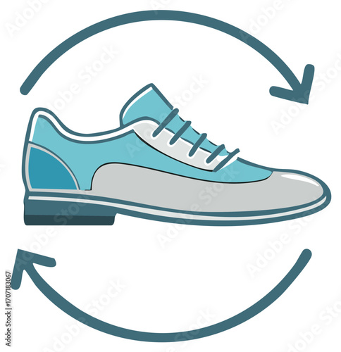 Rotating blue and grey shoe graphic showing sustainable choices and environmental efforts
