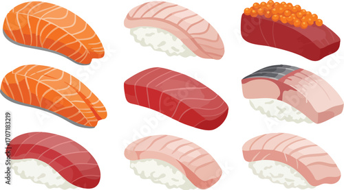A collection of various types of nigiri sushi, including salmon, tuna, and mackerel on rice, isolated on a white background.